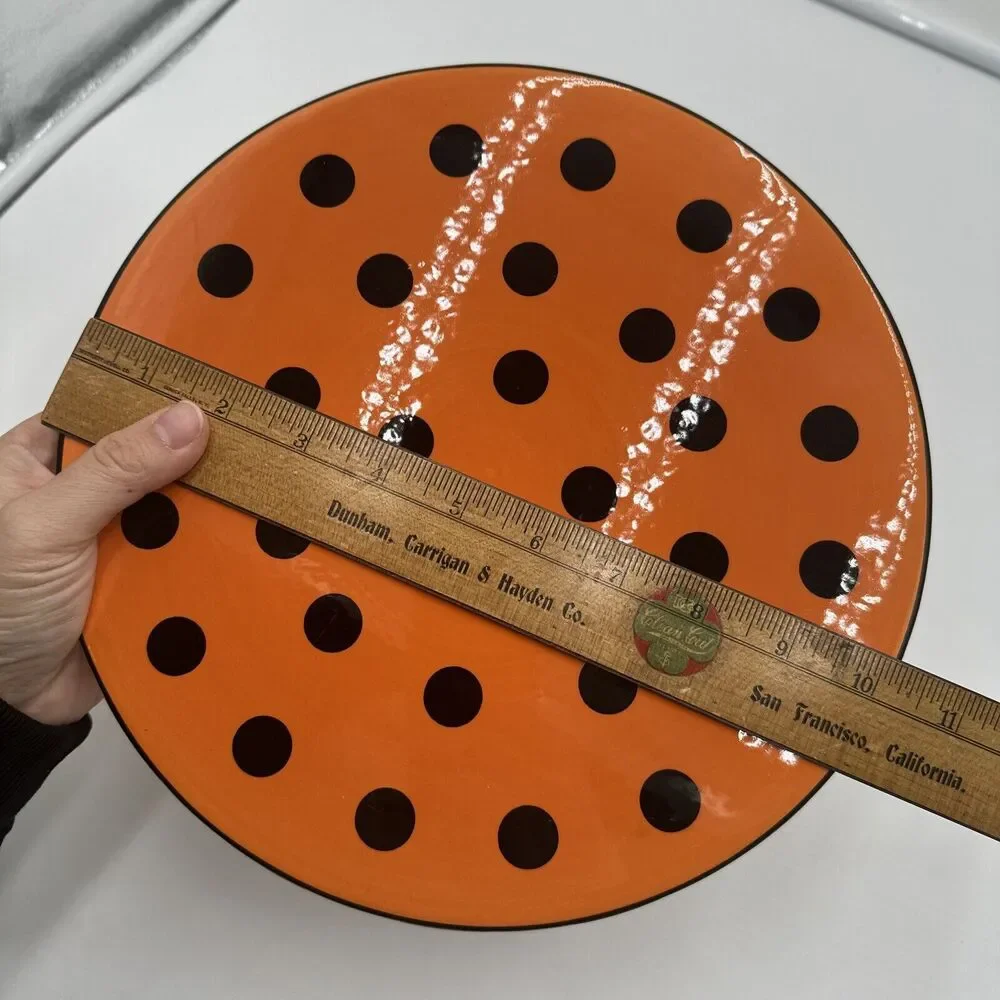 Vtg SUR LA TABLE Orange HALLOWEEN Polka Dot Striped CAKE PEDESTAL STAND PLATE 10